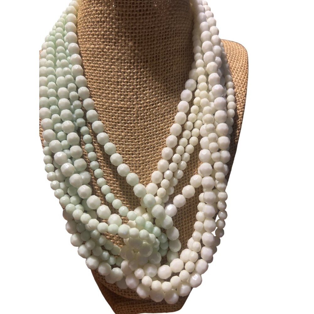 Vintage Multi Strand Necklace Intertwined Faceted Beads White Mint Green Adj 21"